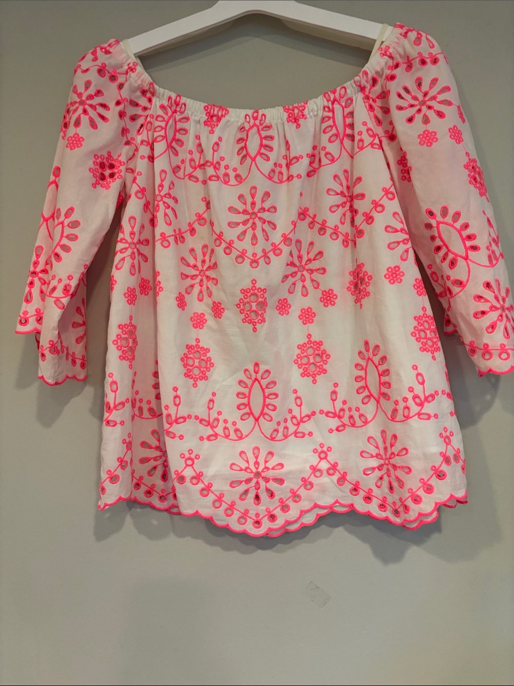 Lilly Pulitzer White Off-Shoulder top with Hot Pink Embroidery